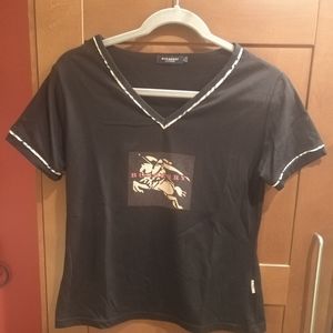 Burberry logo v-neck t-shirt with plaid trim